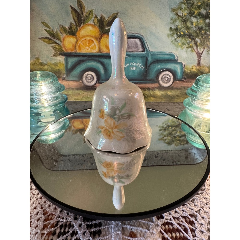 Vintage Iridescent Ceramic Floral Dinner Bell Lusterware Yellow Flower Scalloped